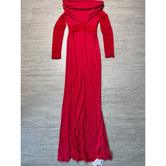Commense NWT Red Semi-Sheer Off-Shoulder Mesh Long Sleeve Long Dress - Picture 1 of 7